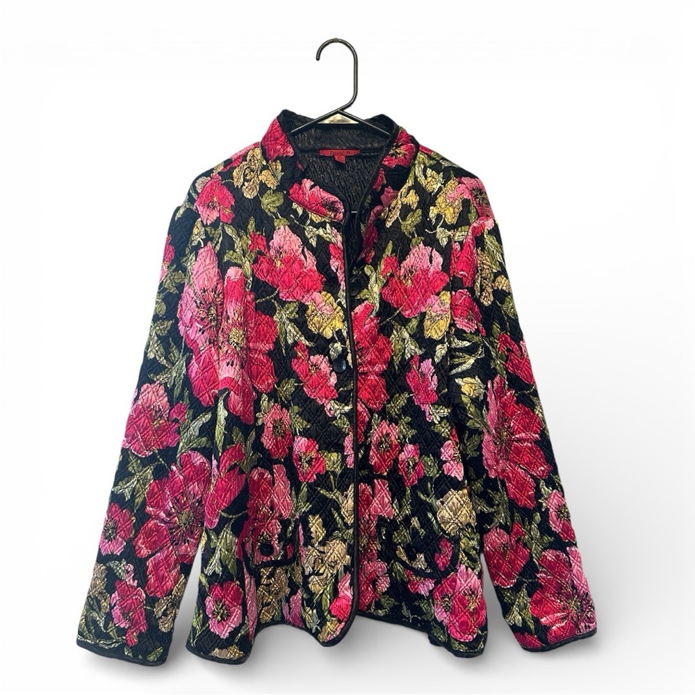 Vintage Y2K Era Joni B Floral Tapestry Teddy Jacket - Pink, Black, and Gold XL